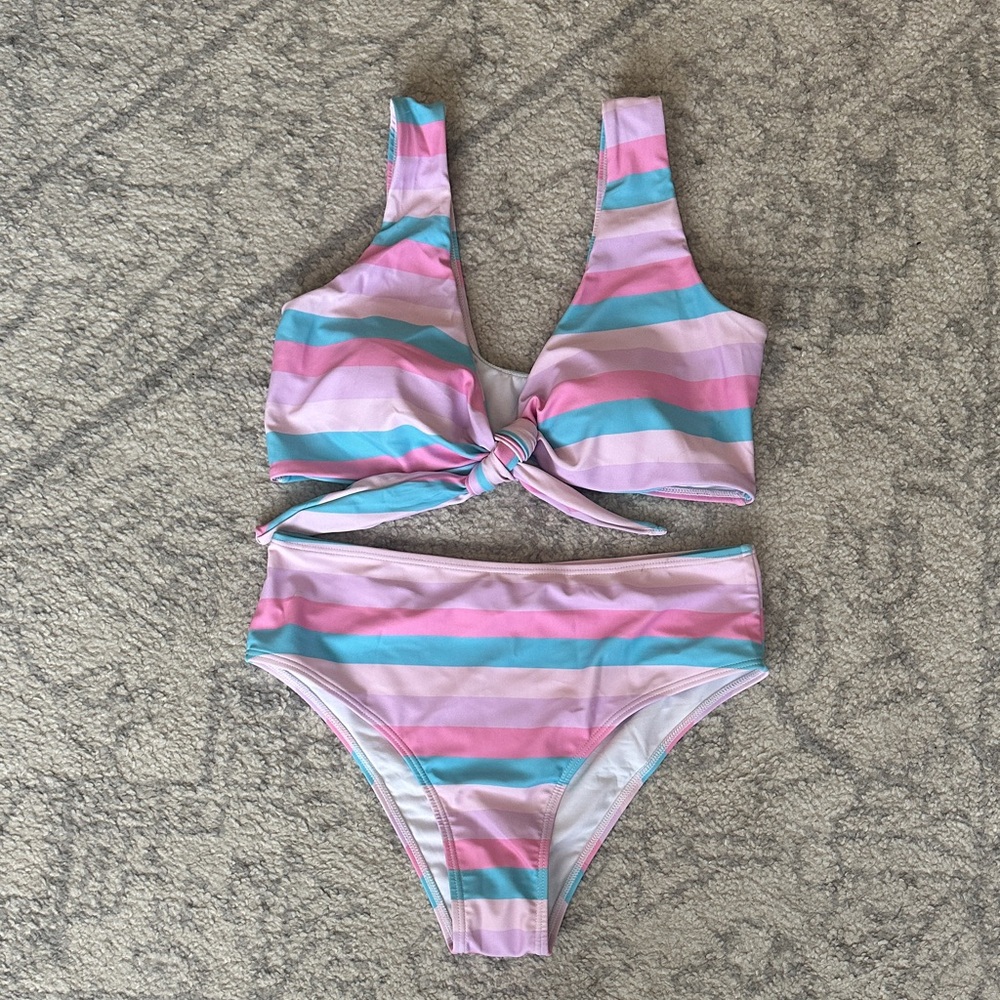 Pink Lily Pink, Purple & Blue Striped Knot Front Bikini Set